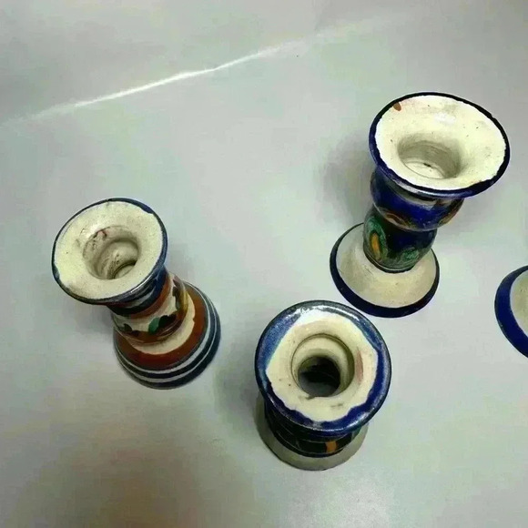 Hand-Painted E. Ortiz Mexican Pottery Candle Holders Mismatched Set Of 4 - Picture 7 of 12